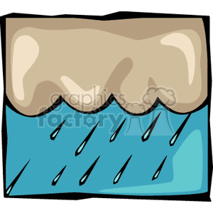 This clipart image depicts stylized clouds with rain falling, illustrating a thunderstorm or rainy weather.