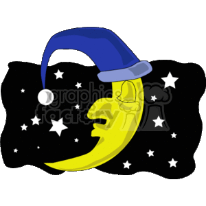 This clipart image depicts a stylized night sky scene, featuring a crescent moon with a sleeping face, wearing a blue nightcap. The sky is dotted with various white stars, and there is a suggestion of a smaller white crescent moon in the background.