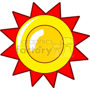 Clipart image of a stylized sun with bright yellow and red rays.