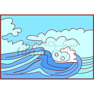 A stylized clipart image depicting ocean waves with clouds in the background, showcasing elements of nature and the sea.