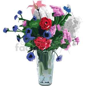 A clipart image of a variety of colorful flowers arranged in a glass vase, featuring roses and other blooms.