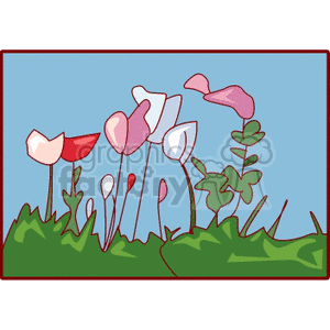 A colorful clipart image of stylized flowers with various shades of pink and red set against a blue background and green grass.