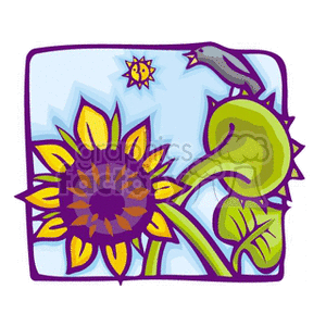 Colorful clipart of sunflowers with a bird perched on a stem and a stylized sun in the background.