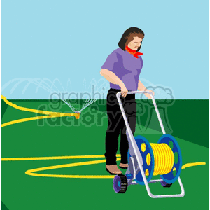 Clipart image of a woman managing a hose reel in a garden setting with a sprinkler watering the lawn.