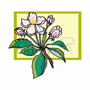 Clipart image of a blossoming flower with green leaves on a light green background.