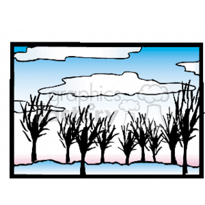 The clipart image depicts a winter landscape scene. There are leafless trees, indicative of the season, with thin branches spreading upwards. The snowy ground suggests recent snowfall or a cold climate. Above, the sky is filled with large, fluffy clouds, which occupy most of the upper half of the image. The colors are somewhat muted, with a pale pink hue near the horizon, suggesting it might be early morning or late afternoon.