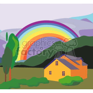   The clipart image features a vibrant rainbow arching over a landscape with rolling hills. In the foreground, there