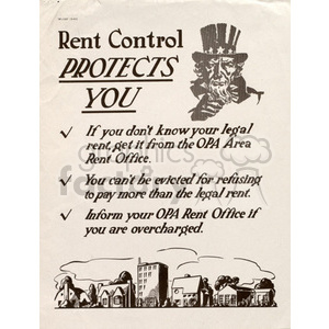 A vintage poster advocating for rent control, featuring an illustration of Uncle Sam and a cityscape. The text emphasizes that rent control protects tenants, advising them to get their legal rent from the OPA Area Rent Office, not to pay more than the legal rent, and to report overcharging to the OPA Rent Office.