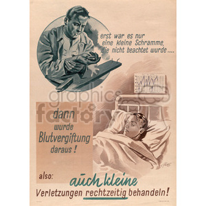 A vintage medical poster in German depicting the importance of treating small injuries in time to prevent serious complications. It shows a man examining a small wound and a patient lying in a hospital bed indicating the consequences of neglecting minor injuries.