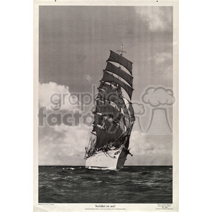 A vintage black and white clipart image of a large sailing ship with multiple sails on the open sea, set against a cloudy sky.