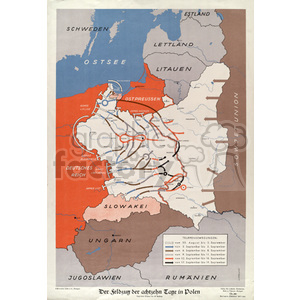 Clipart image depicting a strategic military map of Poland showing troop movements and territorial boundaries during a specific historical period. The map includes details of surrounding countries such as Germany, Lithuania, the Soviet Union, and several others.