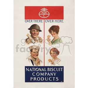 This vintage clipart image shows four individuals, including a soldier, a woman in green, a sailor, and a young girl, all holding and eating biscuits. The poster is divided into two sections labeled 'Over There' and 'Over Here' with the National Biscuit Company (NBC) logo at the top and 'National Biscuit Company Products' at the bottom.
