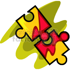 The image shows two interlocking puzzle pieces. One piece is red, and the other is yellow, each with a semi-circular notch that creates a circle where they connect. The background consists of a gradient of what appears to be a translucent green color.