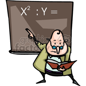   Algebra teacher in class pointing at the blackboard 