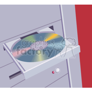 The image is a clipart representation of an open CD/DVD-ROM drive on a computer with a CD or DVD disc inserted into it. You can see the disc reflecting light with a spectrum of colors, which is typical for optical discs. The drive is partially extended from the computer chassis.