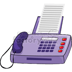The image is a clipart illustration of a fax machine with a document coming out of it. The machine is depicted in a purple color with a handset, suggesting it might also function as a telephone. There are button indicators that appear to be lit, suggesting the machine is active or in use.