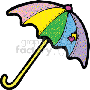 The clipart image shows an umbrella with multiple panels in different colors and patterns. The umbrella is open and has a yellow handle
