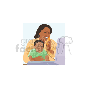 The clipart image shows an African American woman with a baby on her lap. The woman is laughing and appears to be having a fun conversation on the phone while simultaneously having a computer in front of her, suggesting she could be on a chat or call. The bonding moment seems to reflect a joyful, multitasking mom enjoying family time, potentially around Mothers' Day.