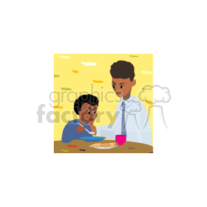 The clipart image depicts a father and child, presumably African American, sharing a meal together. The dad is standing over the kid who is seated at a table, eating from a bowl and surrounded by various breakfast items like toast and a beverage, suggesting a warm and caring family breakfast scenario.