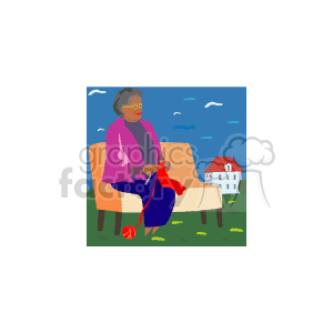   The clipart image shows an African American grandmother sitting on a bench, knitting with red yarn. She is wearing glasses and has her hair styled in a bun. She