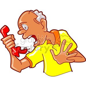 Cartoon image of an elderly man yelling into a telephone with an angry expression.