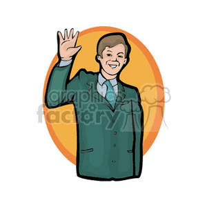 Clipart of a smiling man in a suit waving, set against an orange oval background.