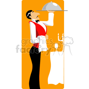   The clipart image contains a stylized illustration of a waiter in formal attire holding a serving tray with a covered dish above his shoulder. The waiter is wearing a black and white uniform with a red waistcoat/vest. In the background, there is a small table with a white tablecloth, a lit candlestick, and an empty wine glass, suggesting a fine dining environment. 