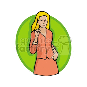 Clipart illustration of a businesswoman in a professional outfit standing confidently with a green circular background.