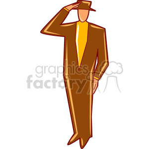 This clipart image depicts a stylized figure of an individual wearing a brown suit with a yellow shirt, tipping a hat.