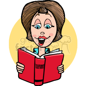 The image is a clipart illustration of a smiling woman holding an open red book. She appears to be reading and enjoying the content. Her expression suggests she may be reading aloud or engaging with an audience. She has short brown hair, blue eyes, and wears a blue shirt with a collar.