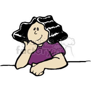 The clipart image depicts a simplified drawing of a woman with black hair resting her head on her hand in a thoughtful pose. She is wearing a purple top and appears to be lying down or leaning on a surface with a white background.