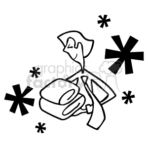 The clipart image depicts a simplified illustration of a person holding a towel. The person appears to be in a relaxed posture, with one hand resting on their hip and the other hand holding the towel which is draped over their arm. The image is outlined, suggesting it may be intended for coloring activities or as an icon. There are decorative elements resembling stars or flowers around the figure.