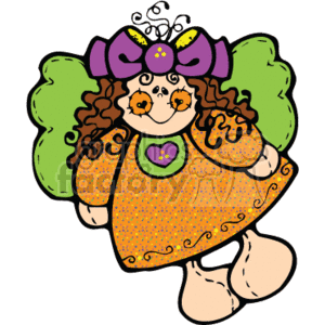 The clipart image shows a stylized illustration of a country-style angel ragdoll which appears female. The doll has curly hair, angel wings, and is wearing a dress with a heart-shaped pattern and a purple bow. Its cheeks are rosy, and it has a simplistic, cheerful face.