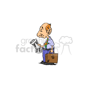 The clipart image features a cartoon of a bald man in business casual attire, wearing a tie and pants, carrying a briefcase in one hand and reading a newspaper in the other.