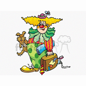 A Funny Clown Holding a Scruffy Dog and a Suitcase Laughing