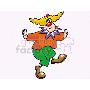 A colorful cartoon circus clown with yellow hair, a red nose, and playful clothing.