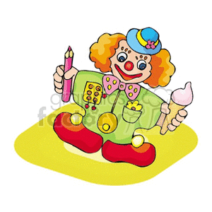 Colorful cartoon clown wearing a green outfit, holding a pink pencil and ice cream cone, standing on a yellow surface.