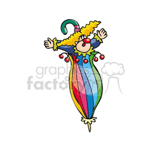 A colorful circus clown with a rainbow-striped body, wearing a hat and red nose.