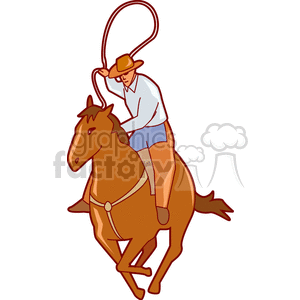 A clipart illustration of a cowboy riding a horse and swinging a lasso, wearing a hat and western attire.