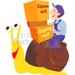 A Mail Man in Blue Riding a Snail Delivering Boxes of Express Mail
