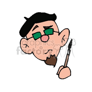 Cartoon image of an artist's face wearing a beret and glasses, holding a paintbrush.