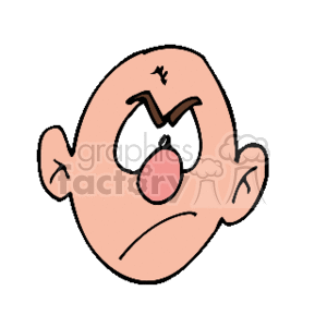 The clipart image shows a simplistic drawing of a bald person's face with exaggerated facial features expressing anger or annoyance. The face has two large ears, furrowed eyebrows, wide-open eyes looking upwards, and a small, open mouth. The person's face also has lines on the forehead suggestive of frowning and a couple of simple lines to indicate a nose.
