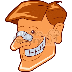 Cartoon image of a smiling man with a bandage on his nose.