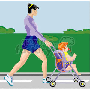 Clipart image of a woman jogging with a stroller, pushing a baby in a park.