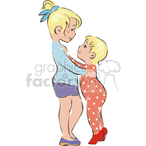 The clipart image shows a tender moment between a mother and child. The mother is depicted with blonde hair tied back with a blue bow, wearing a light blue top and darker blue shorts, and she is gently embracing her child. The child also has blonde hair and is wearing a polka-dotted jumpsuit with red shoes. They both appear to be happy and enjoying a loving interaction.