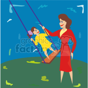 The clipart image depicts a mother and her daughter enjoying a moment together at a park. The mother, dressed in a red outfit, is pushing her daughter, who is dressed in a yellow dress, on a swing. The sky is blue with some stylized white clouds, and there are hints of green grass on the ground with yellow patches that could represent fallen leaves or flowers. The scene encapsulates a joyful family moment, conveying warmth and the bond between the mother and child.