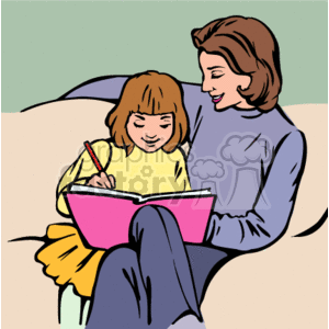 The clipart image depicts a child and an adult, presumably a parent and child, engaging in a reading activity together. The child appears to be writing or drawing in a book with a pencil, while the adult, who could be interpreted as the mother, is looking at the book and smiling. It suggests a warm, nurturing family moment, highlighting education, parenting, and bonding.