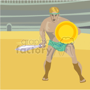 Illustration of a gladiator in an arena holding a sword and shield.