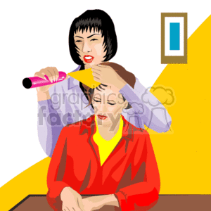 This clipart image depicts a scene at a hair salon where a female hair stylist is cutting or trimming the hair of another woman. The stylist is holding a comb and scissors while working on the seated client's hair. The environment suggests a salon setting with a simple representation of a structure resembling a mirror or a framed item on the wall in the background.