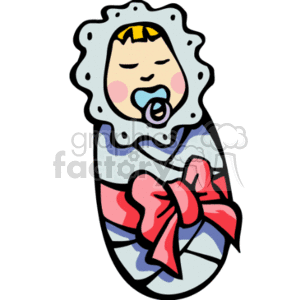 The clipart image shows a cartoon of a swaddled baby with a pacifier. The baby is bundled up in a blanket with blue and pink stripes and adorned with a big red bow. The baby's hair appears to be blonde, and it has a content expression, possibly sleeping, with the pacifier in its mouth.